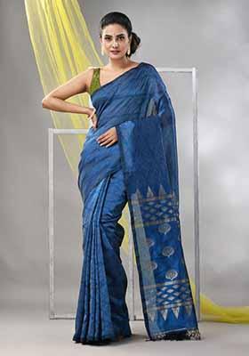 Sapphire Blue Striped Soft Matka Silk Saree Set