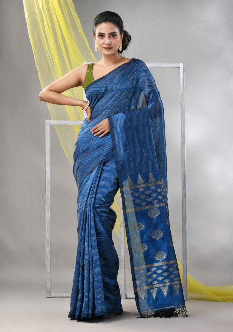 Sapphire Blue Striped Soft Matka Silk Saree Set