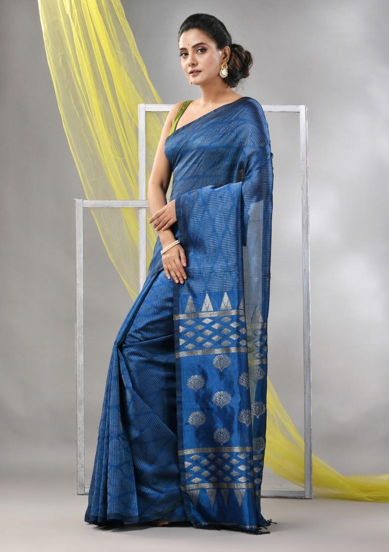 Sapphire Blue Striped Soft Matka Silk Saree Set