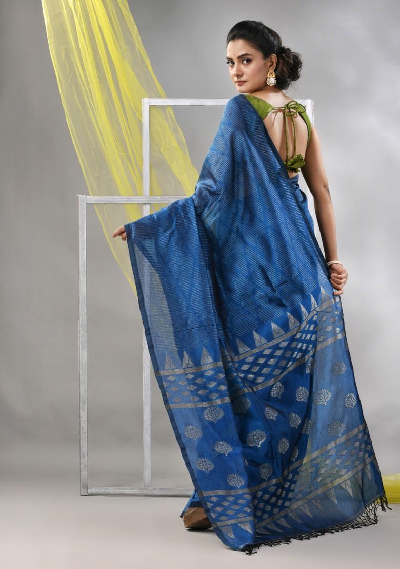 Sapphire Blue Striped Soft Matka Silk Saree Set