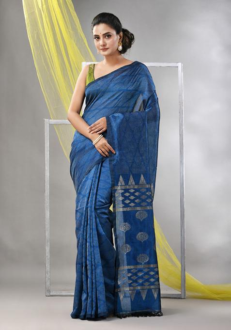 Sapphire Blue Striped Soft Matka Silk Saree Set