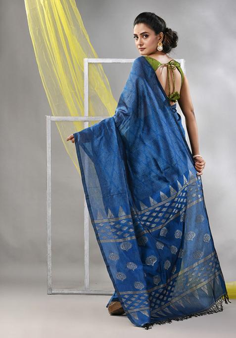 Sapphire Blue Striped Soft Matka Silk Saree Set