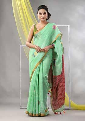 Light Green Woven Zari Soft Linen Saree Set