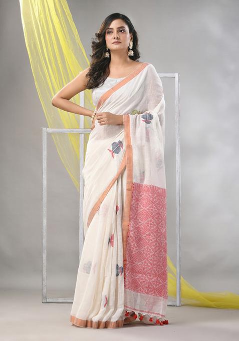 Off White Woven Zari Soft Linen Saree Set