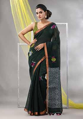 Bottle Green Woven Zari Soft Linen Saree Set