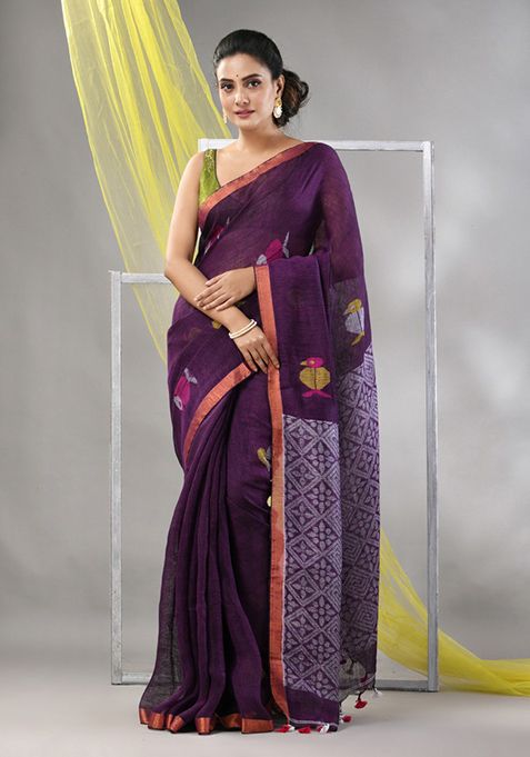 Purple Woven Zari Soft Linen Saree Set