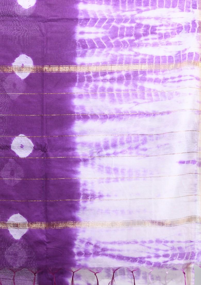 Violet And White Shibori Print Silk Saree Set