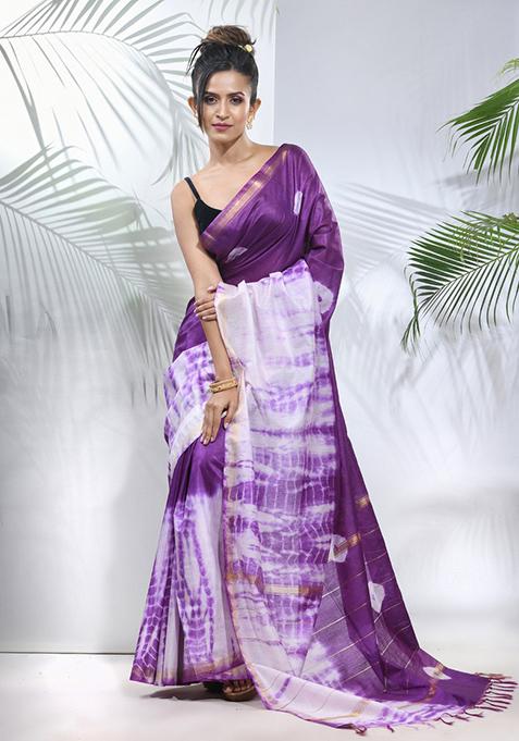 Violet And White Shibori Print Silk Saree Set