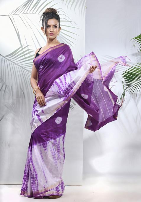 Violet And White Shibori Print Silk Saree Set