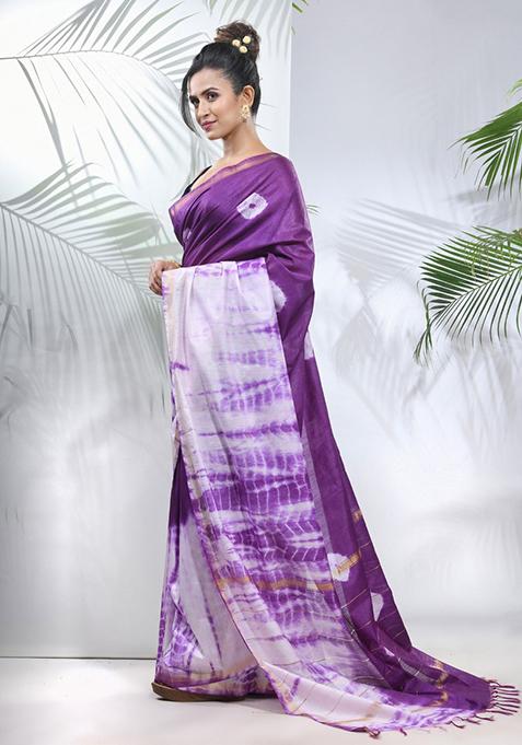 Violet And White Shibori Print Silk Saree Set
