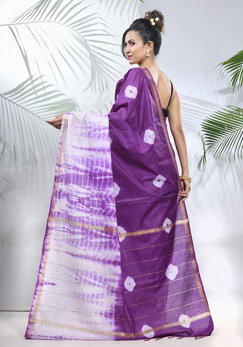 Violet And White Shibori Print Silk Saree Set