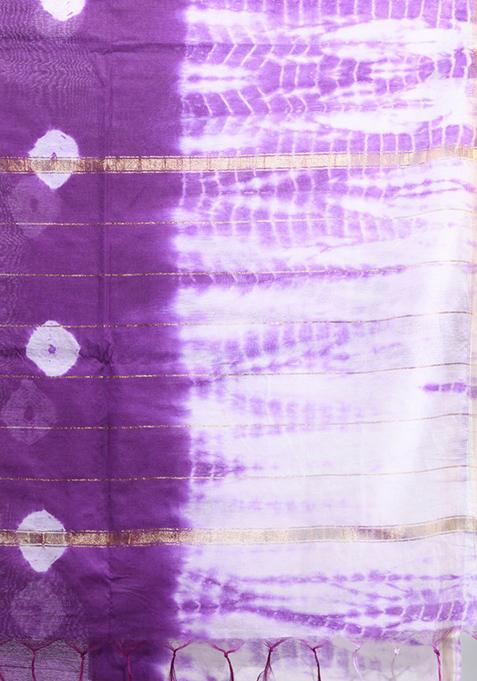 Violet And White Shibori Print Silk Saree Set