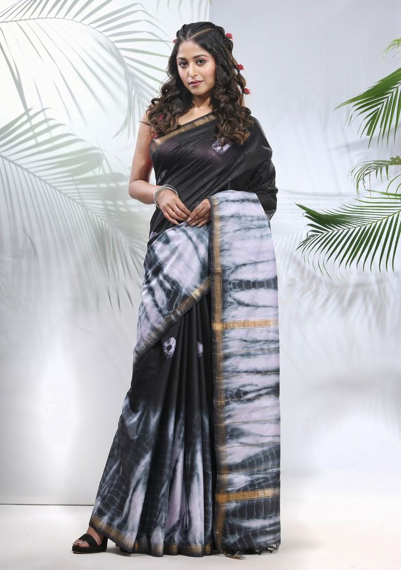 Black And White Shibori Print Silk Saree Set
