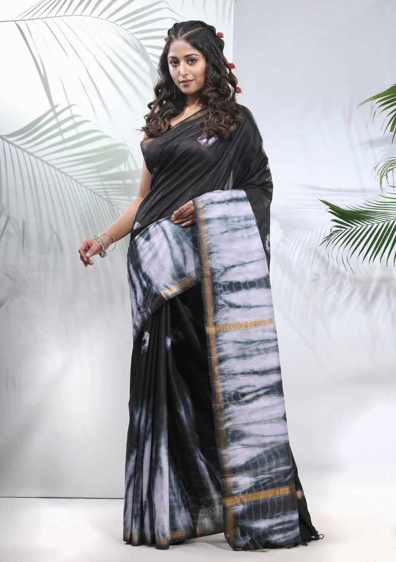 Black And White Shibori Print Silk Saree Set - Indya