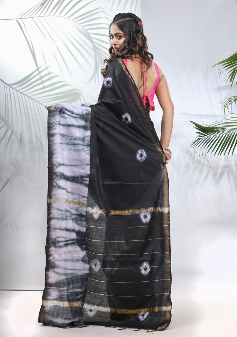 Black And White Shibori Print Silk Saree Set - Indya