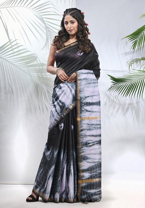 Black And White Shibori Print Silk Saree Set