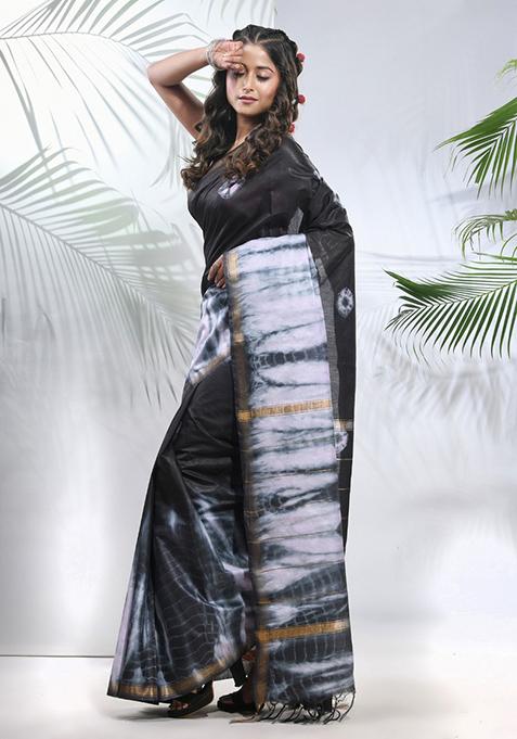 Black And White Shibori Print Silk Saree Set