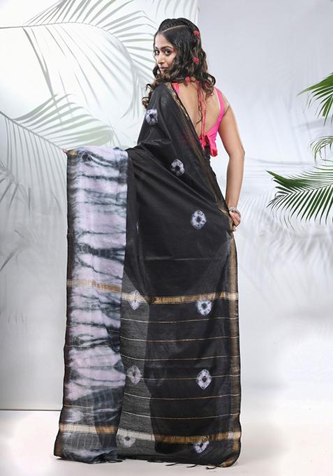 Black And White Shibori Print Silk Saree Set