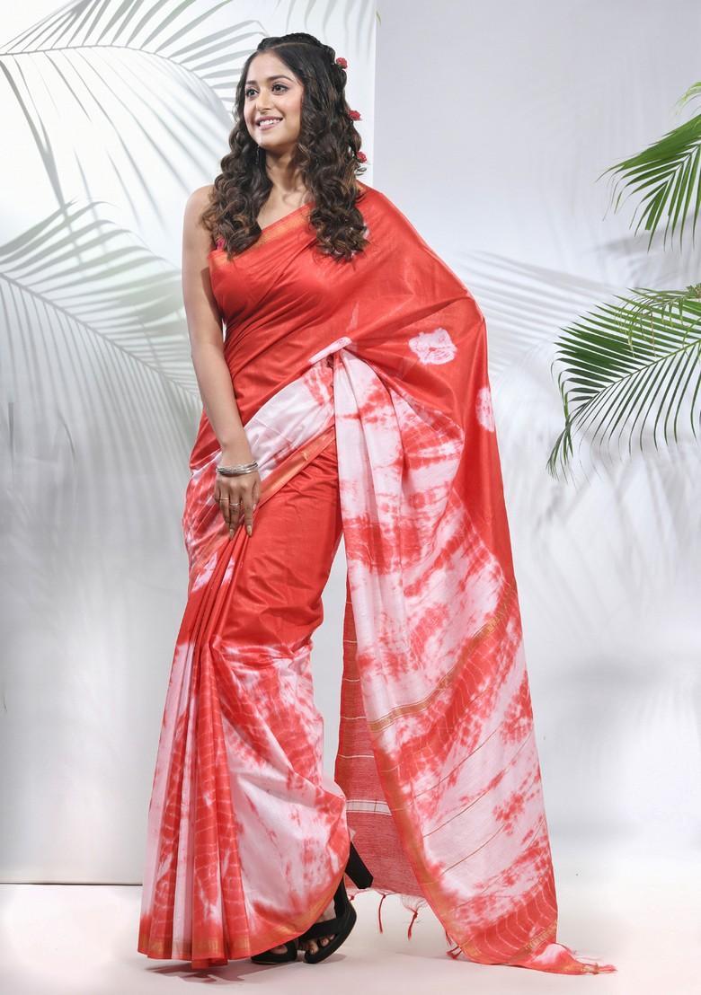 Red And White Shibori Print Silk Saree Set