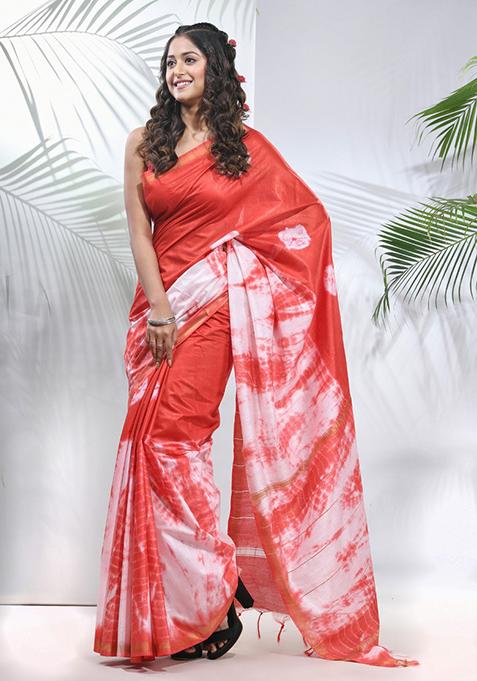 Red And White Shibori Print Silk Saree Set