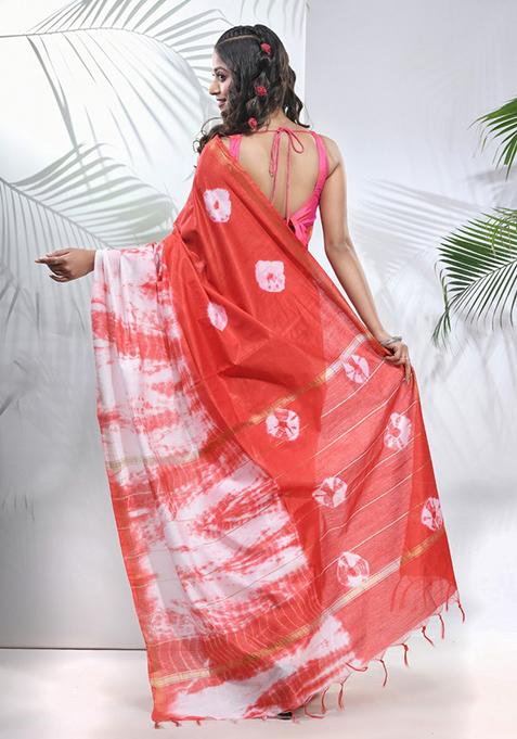 Red And White Shibori Print Silk Saree Set