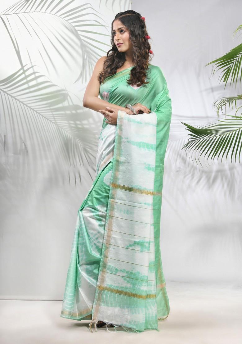 Tea Green And White Shibori Print Silk Saree Set