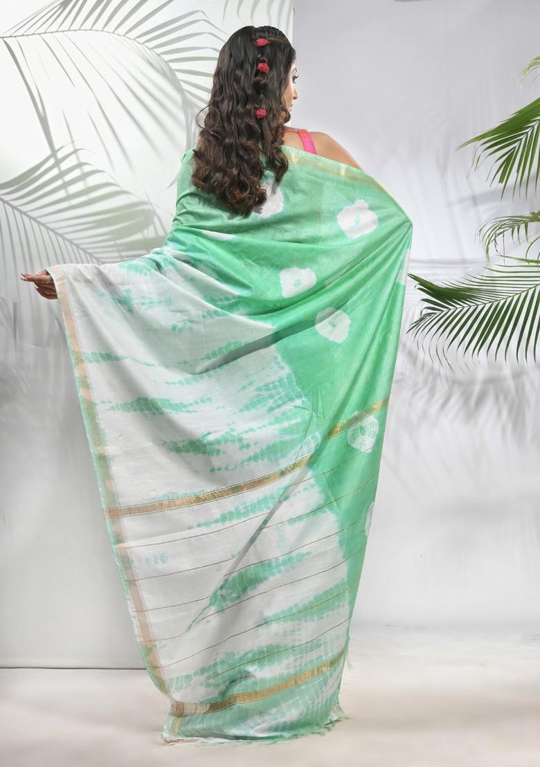 Tea Green And White Shibori Print Silk Saree Set