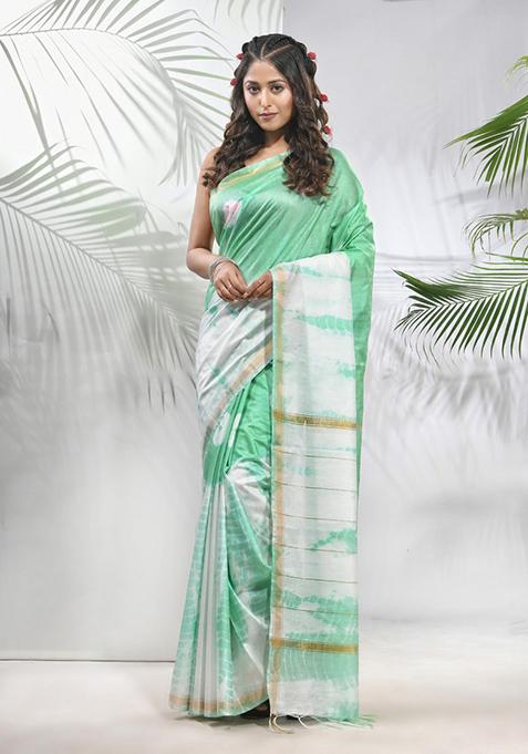 Tea Green And White Shibori Print Silk Saree Set