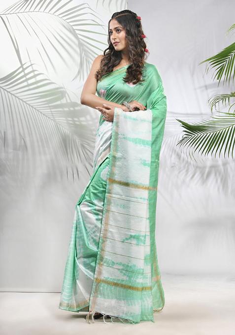 Tea Green And White Shibori Print Silk Saree Set