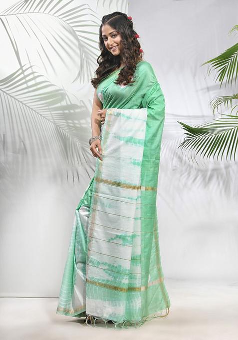 Tea Green And White Shibori Print Silk Saree Set