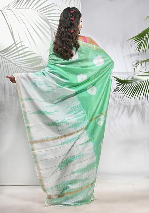 Tea Green And White Shibori Print Silk Saree Set
