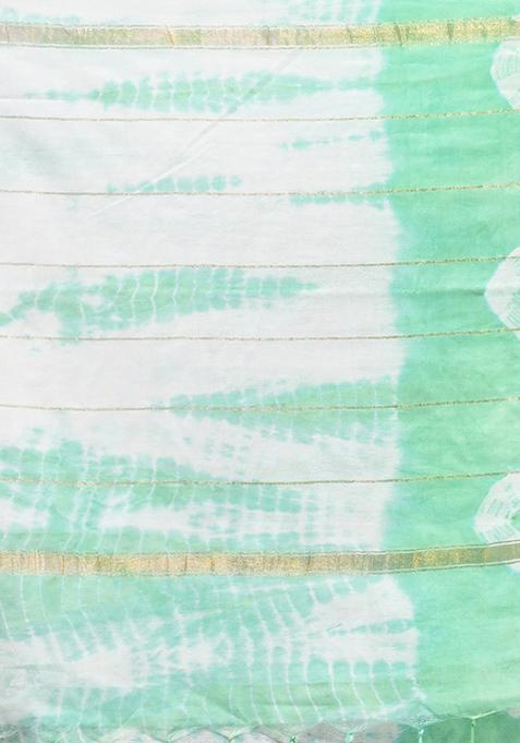 Tea Green And White Shibori Print Silk Saree Set