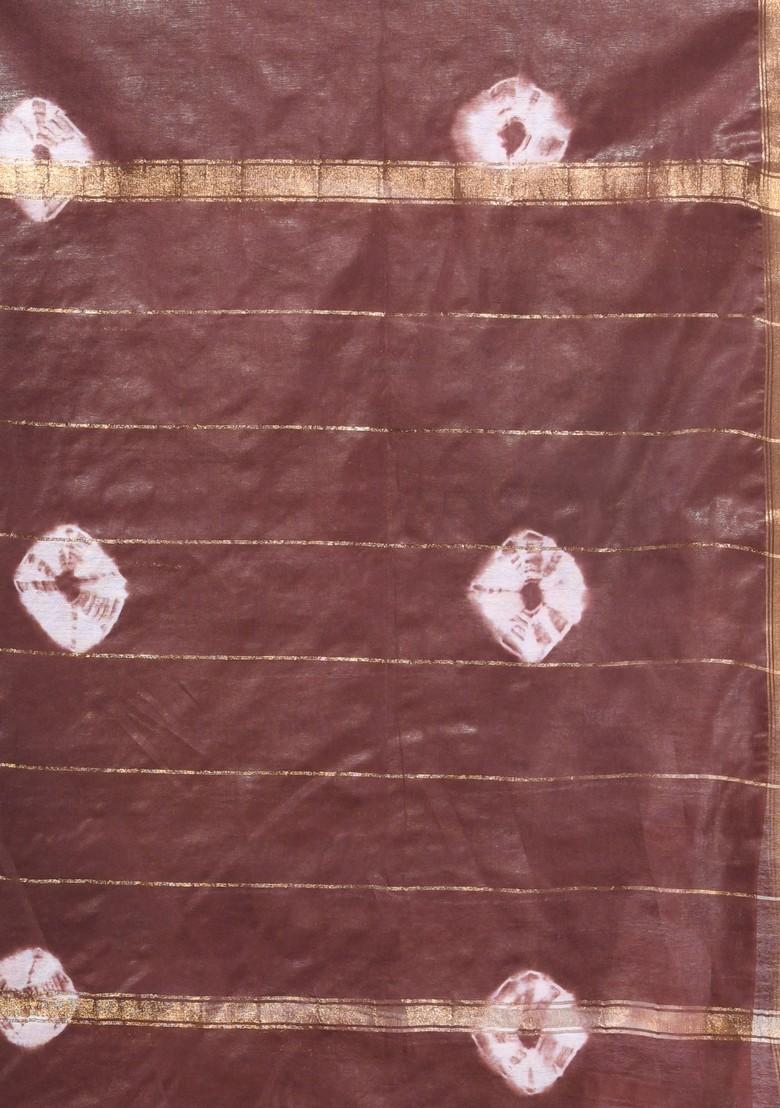 Brown And White Shibori Print Silk Saree Set