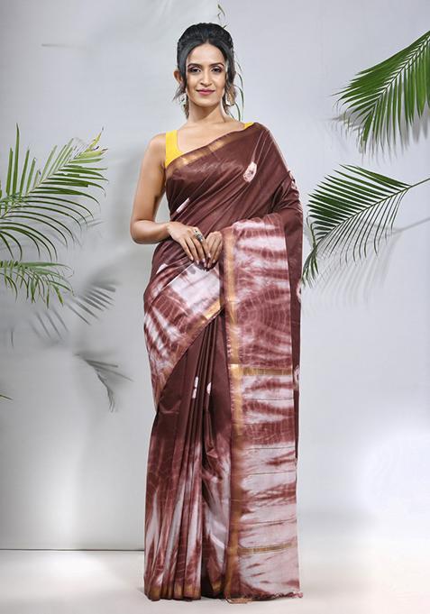 Brown And White Shibori Print Silk Saree Set