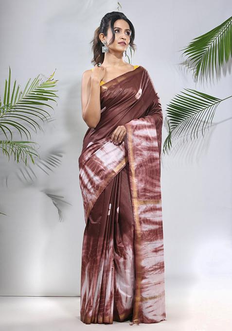 Brown And White Shibori Print Silk Saree Set