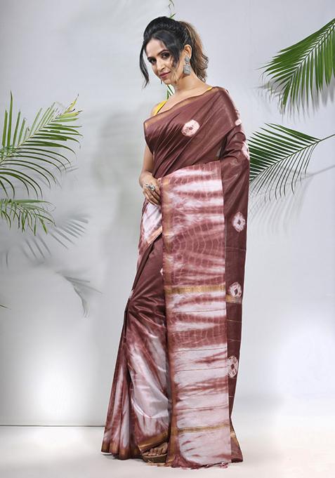 Brown And White Shibori Print Silk Saree Set