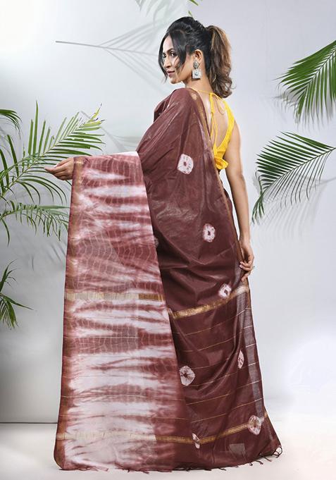 Brown And White Shibori Print Silk Saree Set