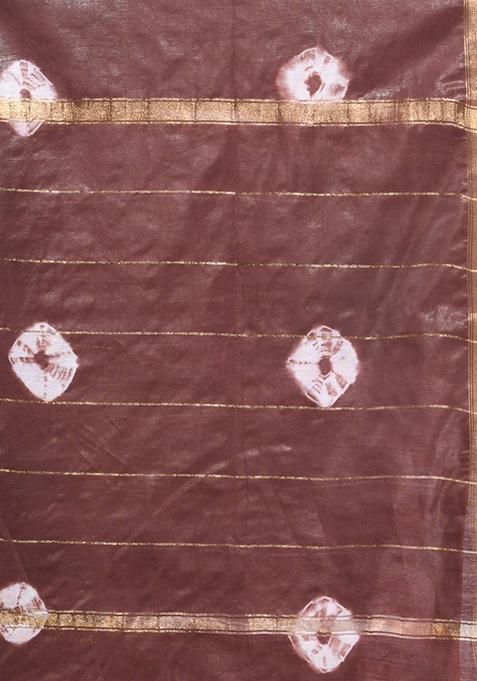 Brown And White Shibori Print Silk Saree Set