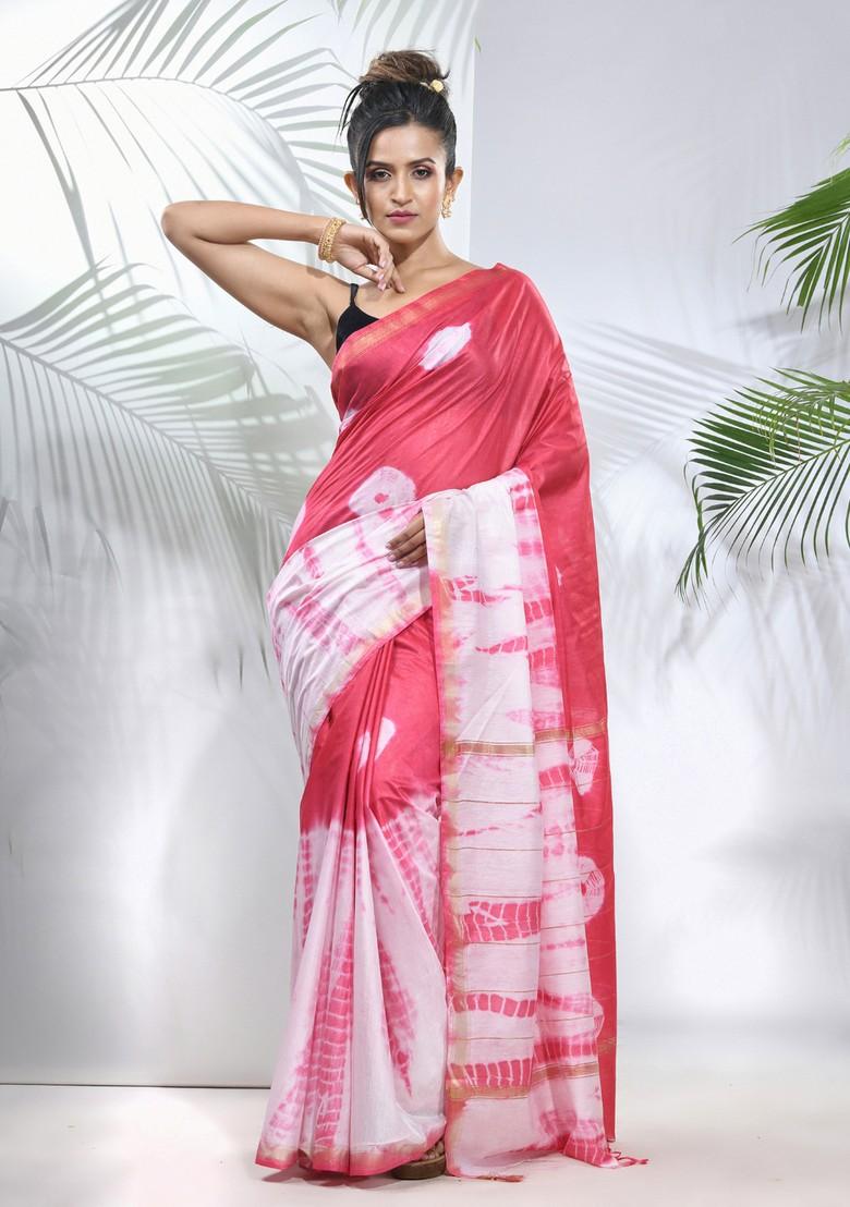 Pink And White Shibori Print Silk Saree Set