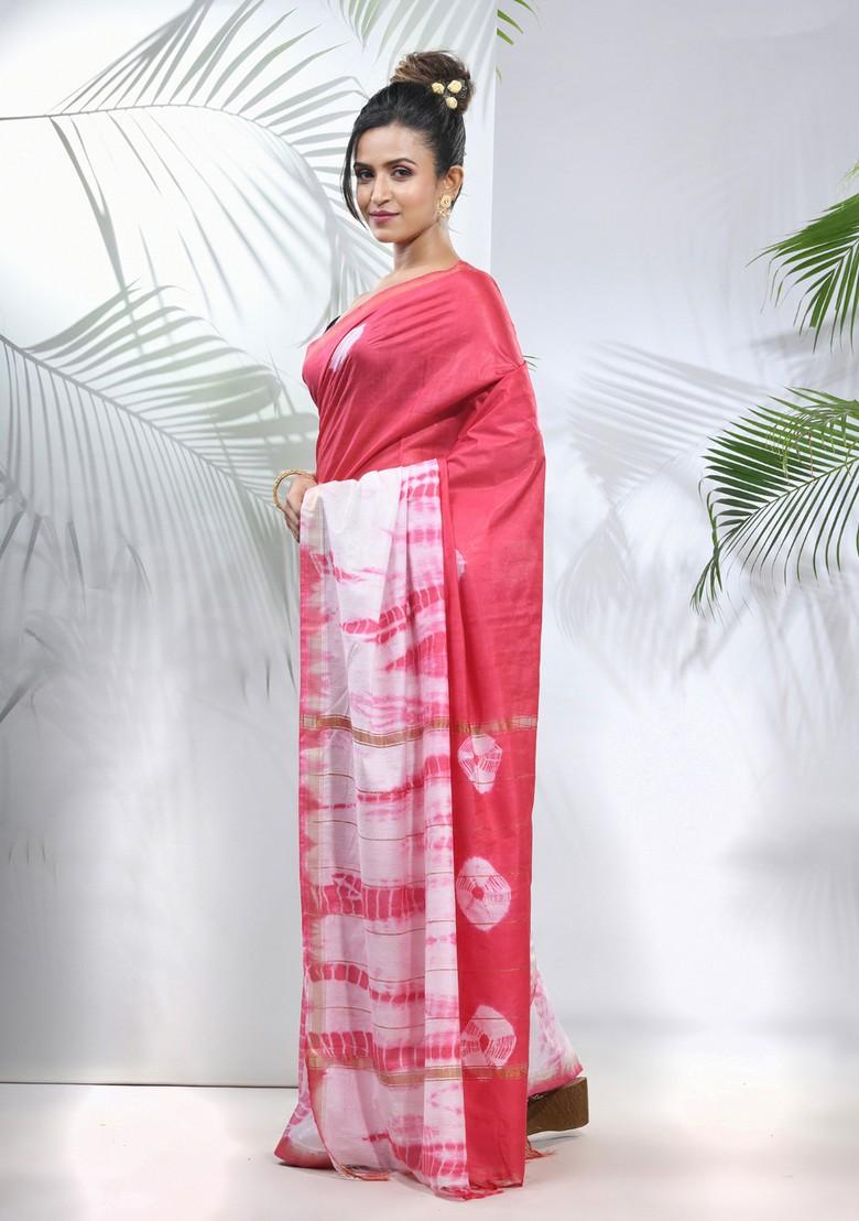 Pink And White Shibori Print Silk Saree Set
