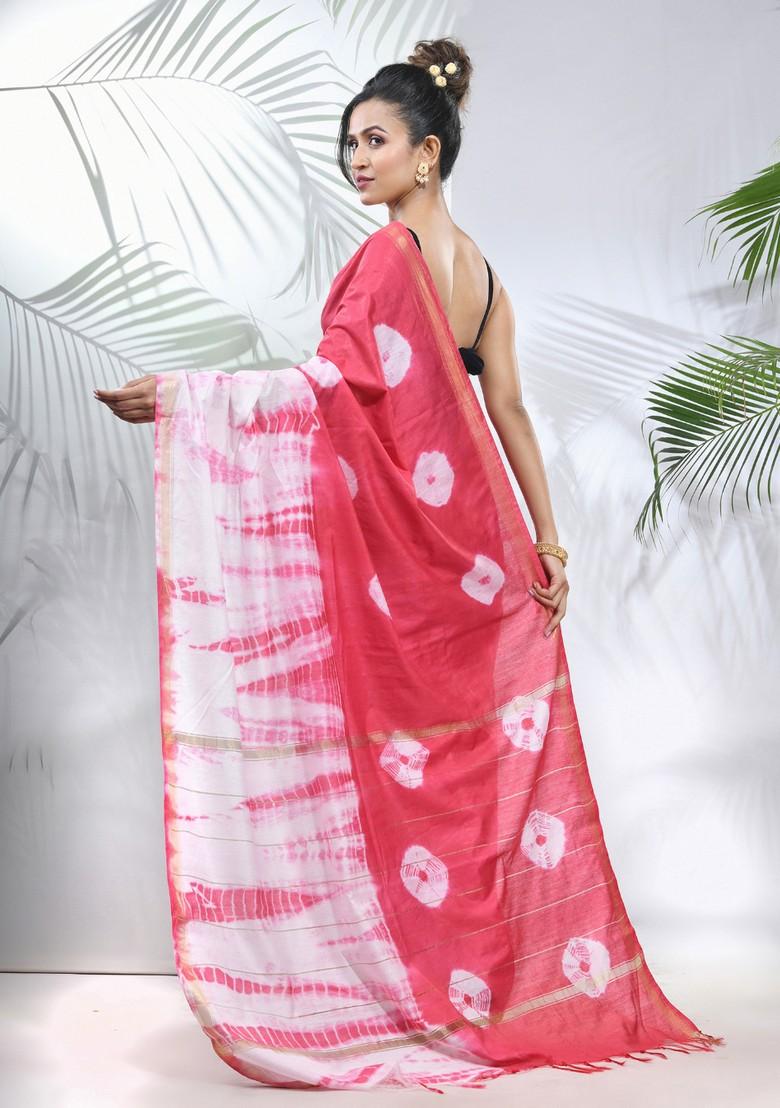 Pink And White Shibori Print Silk Saree Set
