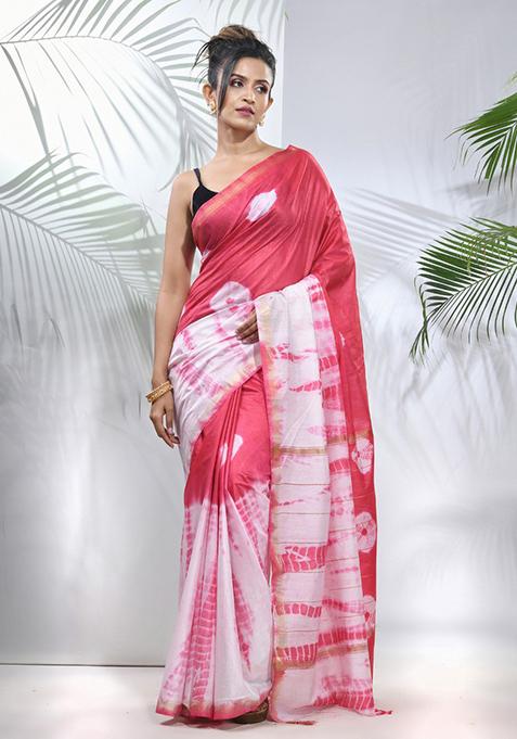 Pink And White Shibori Print Silk Saree Set