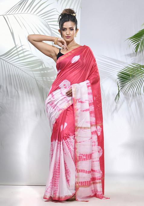 Pink And White Shibori Print Silk Saree Set