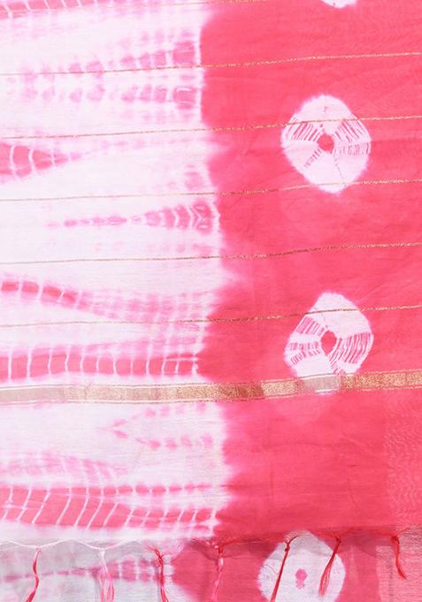 Pink And White Shibori Print Silk Saree Set