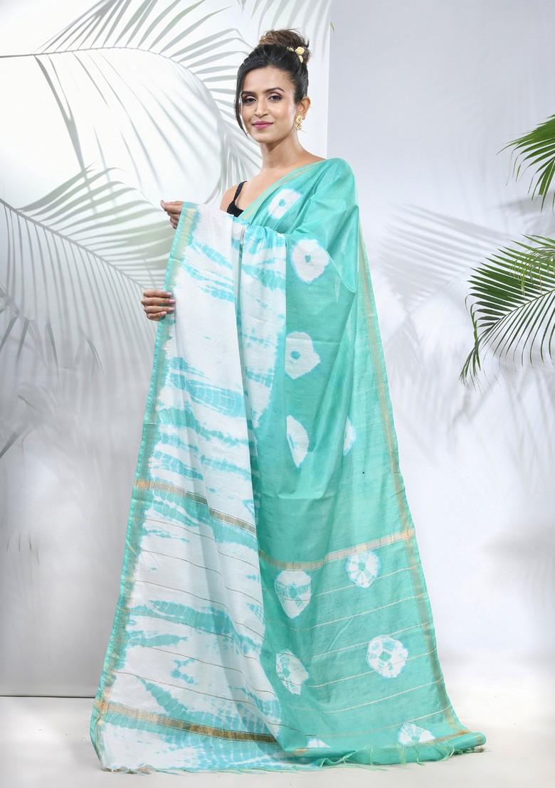 Sea Green And White Shibori Print Silk Saree Set