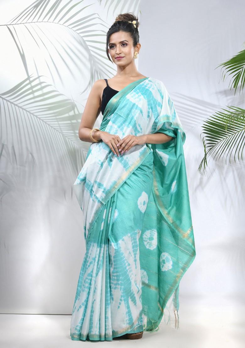 Sea Green And White Shibori Print Silk Saree Set