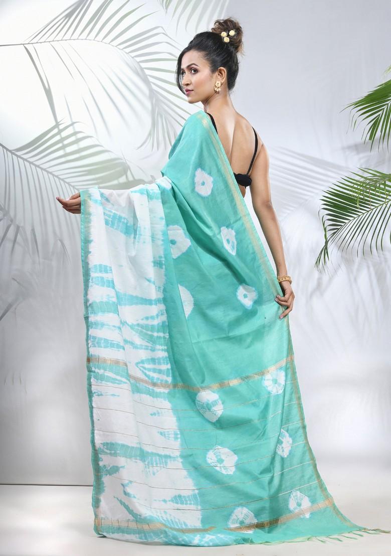 Sea Green And White Shibori Print Silk Saree Set