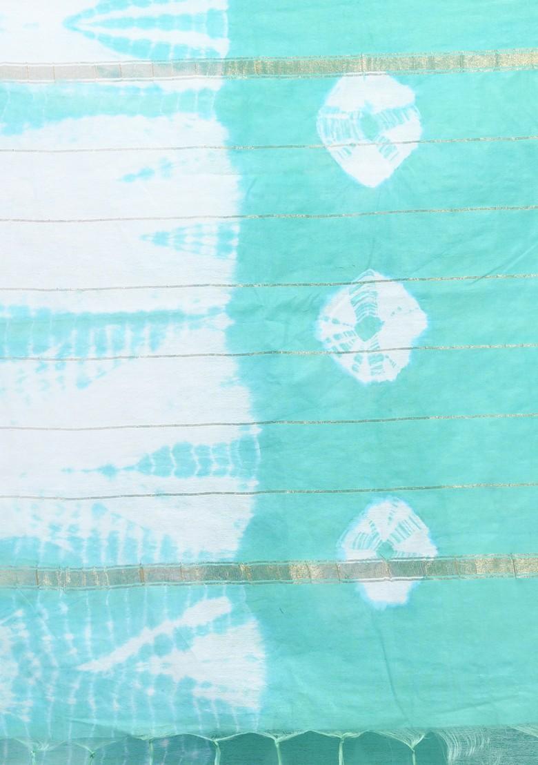 Sea Green And White Shibori Print Silk Saree Set