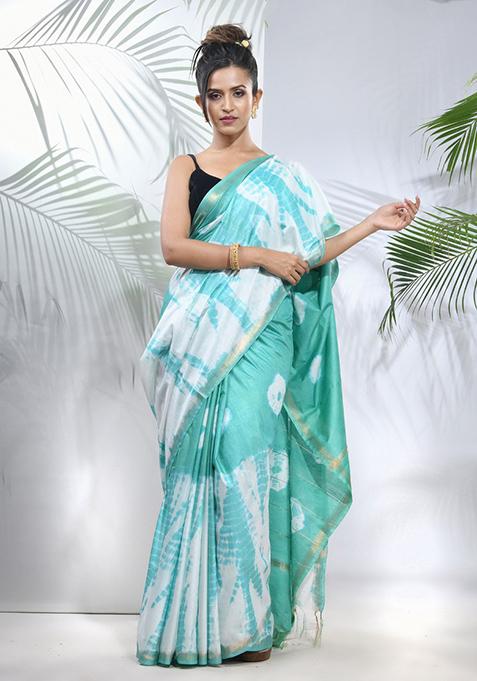 Sea Green And White Shibori Print Silk Saree Set