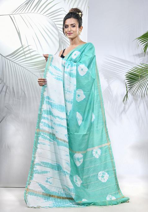 Sea Green And White Shibori Print Silk Saree Set